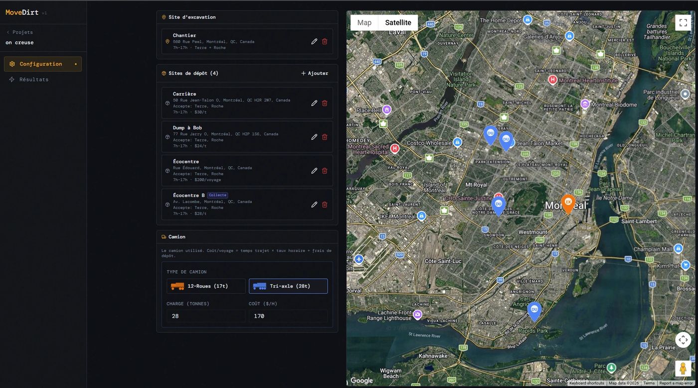MoveDirt configuration screen: one excavation site and four disposal sites with addresses, accepted materials, hours and prices, beside a satellite map of Montreal with the sites pinned