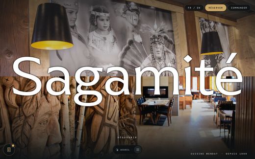 Sagamité restaurant site — full-bleed hero photograph of the Wendake dining room