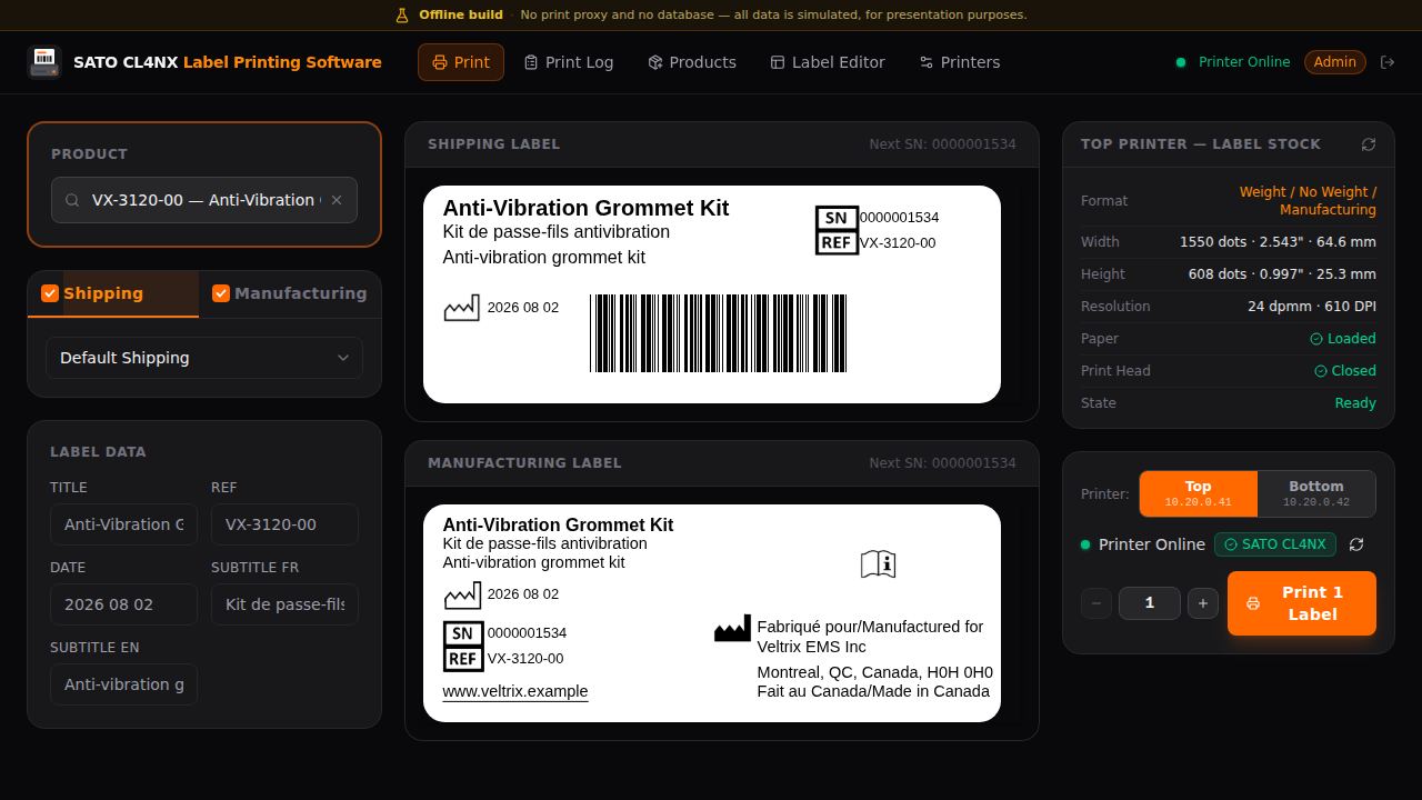 SATO CL4NX label printing software — print screen with a shipping and a manufacturing label